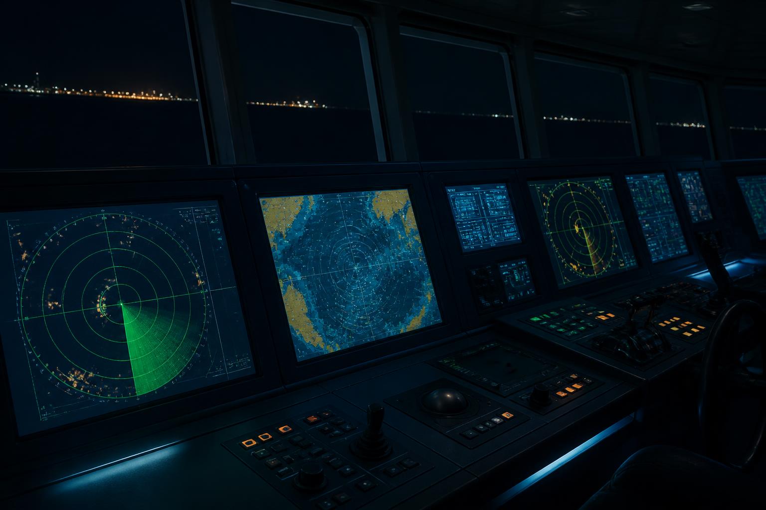 Ship bridge navigation console with radar and chart display screens