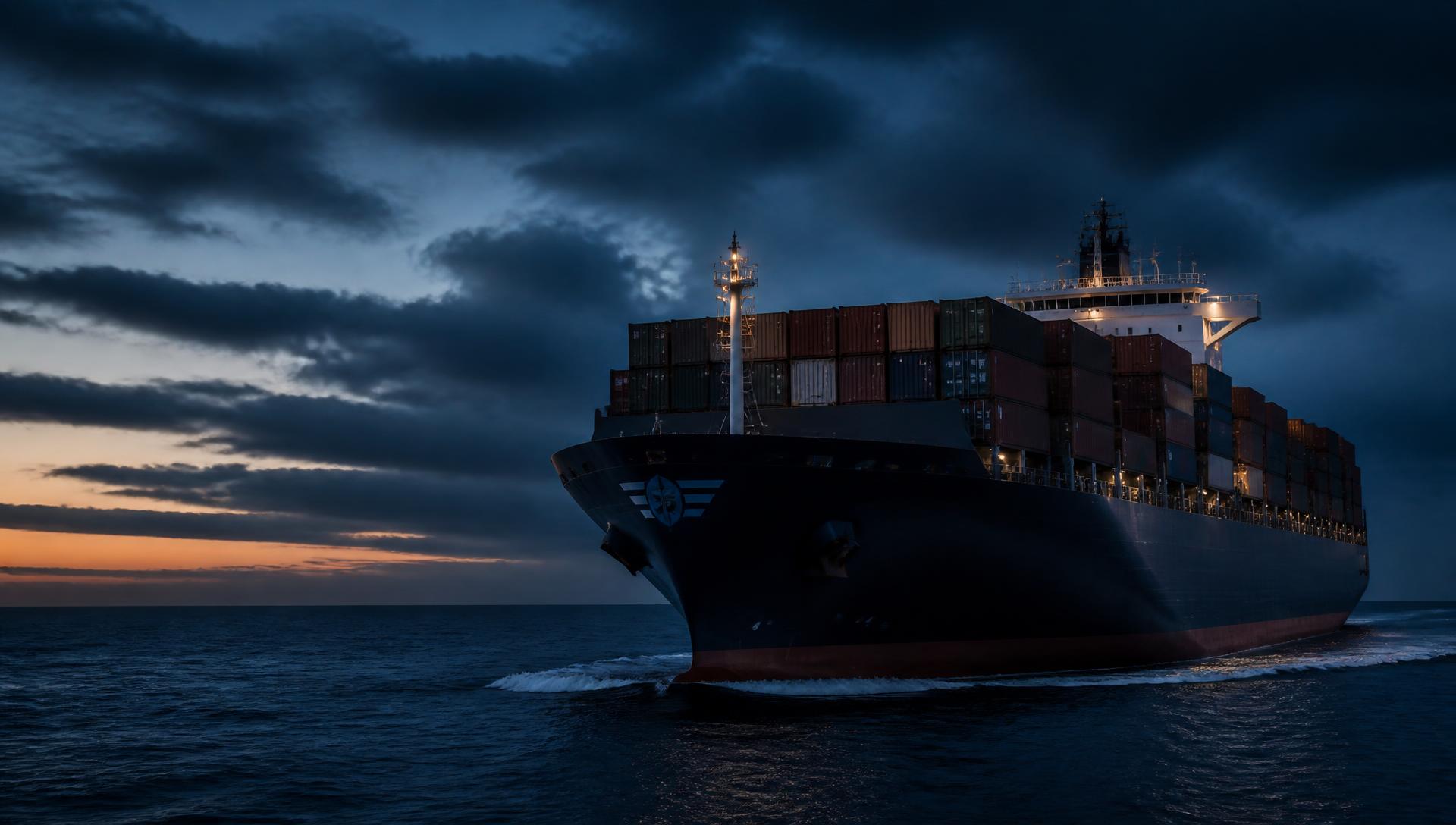 Container vessel underway at sea during blue hour